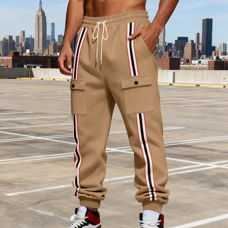 Men's Cargo Jogging Pants with Distinct Side Stripes, Drawstring & Flap Pockets Mune Fashion