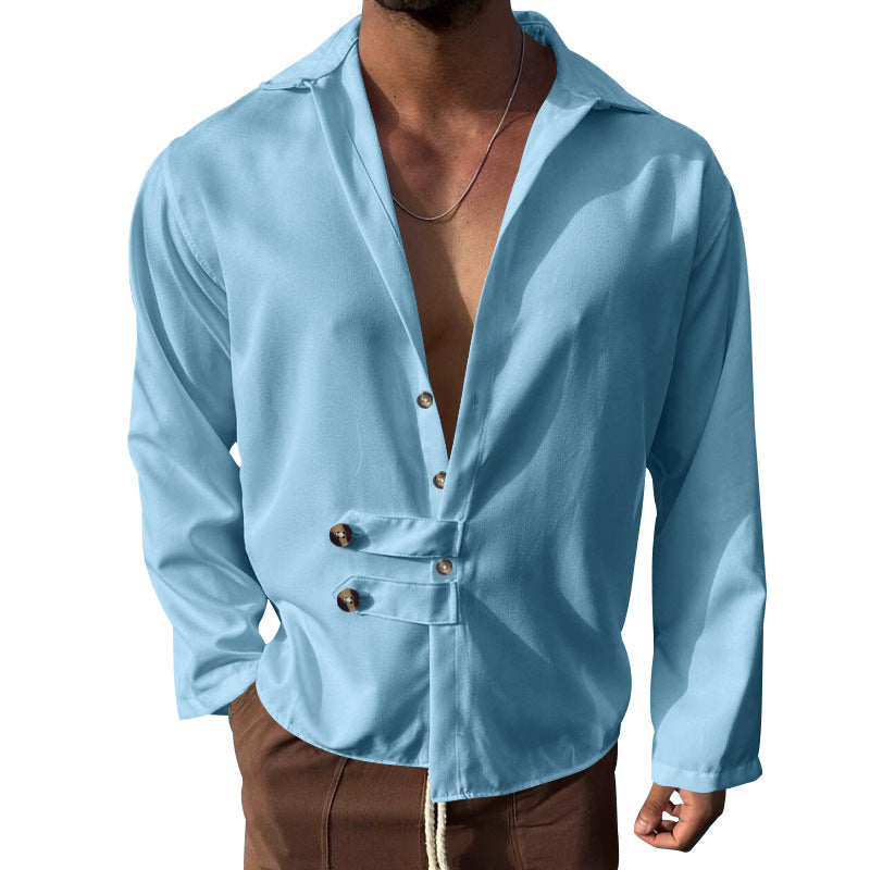 Men's Elegant Shirt with Innovative Button Design and Deep V-Neck Mune