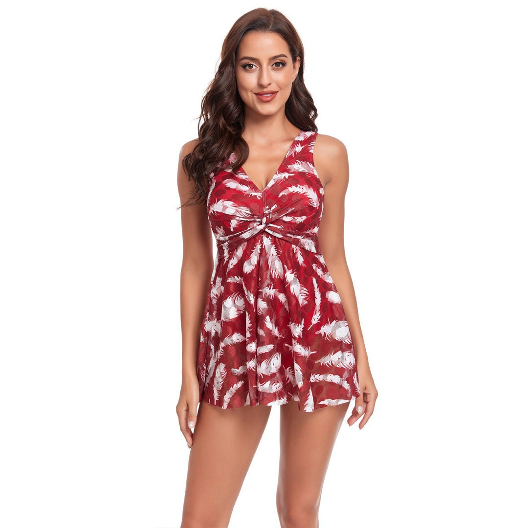 Women's Swim Dress with Floral Design and Elegant V-Neck Mune Fashion