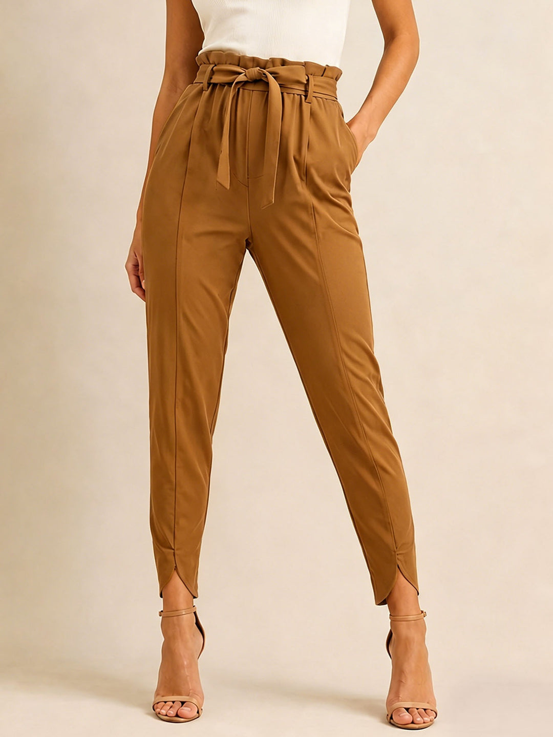 Women's high-waisted paperbag pants with tie belt and slit ankle hem Mune Fashion