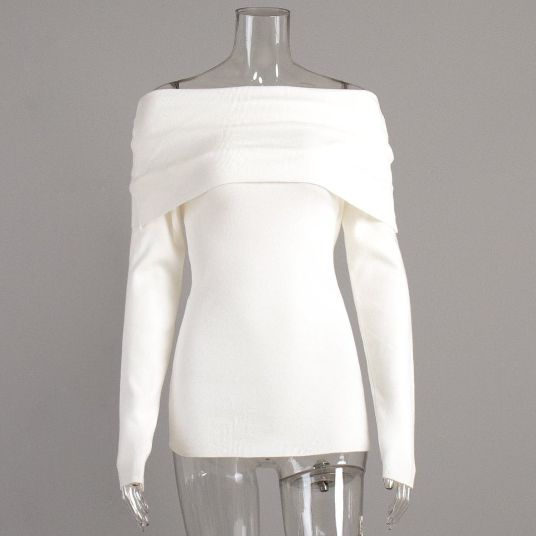 Women's off-the-shoulder fine knit sweater with foldable Carmen collar Mune Fashion
