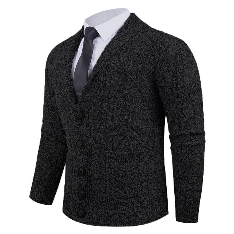 Men's knitted cardigan with shawl collar, cable pattern, patch pockets, and button placket Mune Fashion
