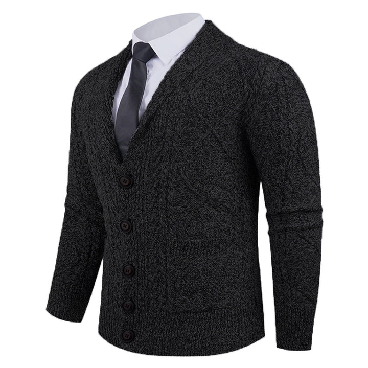 Men's knitted cardigan with shawl collar, cable pattern, patch pockets, and button placket Mune Fashion