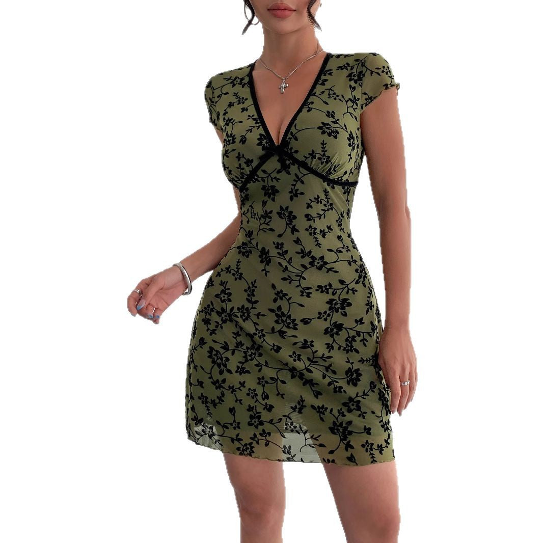 Women’s bodycon mini dress with deep V-neck, chiffon overlay and floral velvet look Mune Fashion