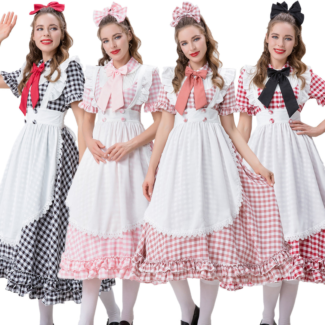Women's vintage-inspired checked swing dress with detachable apron, ruffled sleeves, and bow collar Mune Fashion