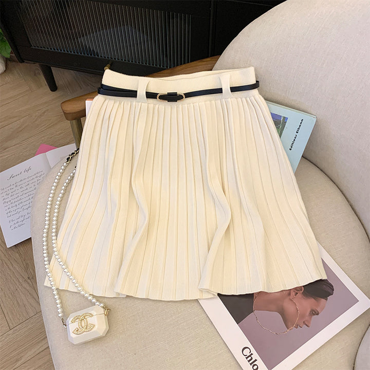 Ladies Pleated Skirt with Elastic Waistband and Belt Detail Mune Fashion