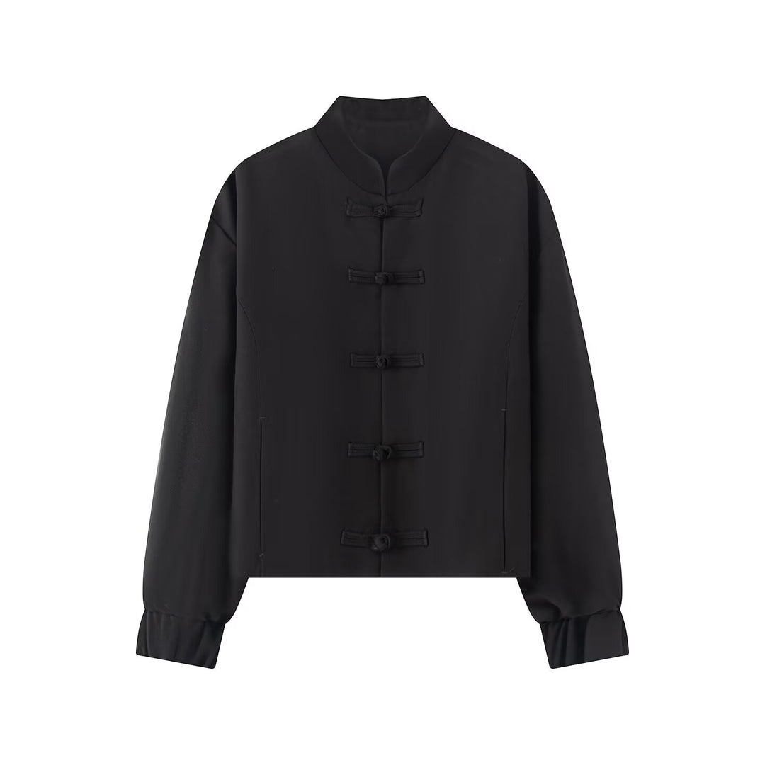 Women's Short Boxy Jacket with Stand Collar and Knot Closure Details Mune Fashion