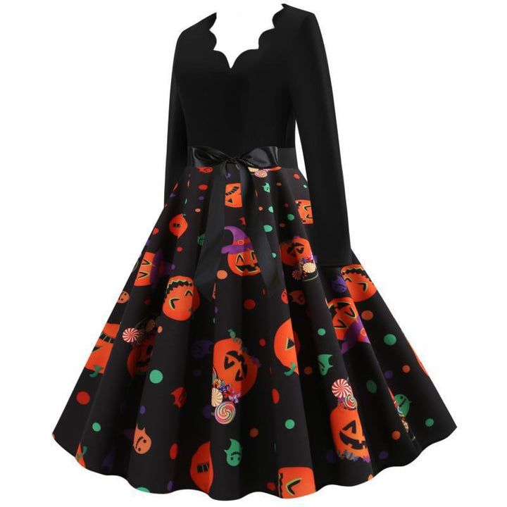 Women Retro Festive Halloween Dress with Wavy Neckline, Tailored Fit, and Soft Flared Skirt Mune Fashion