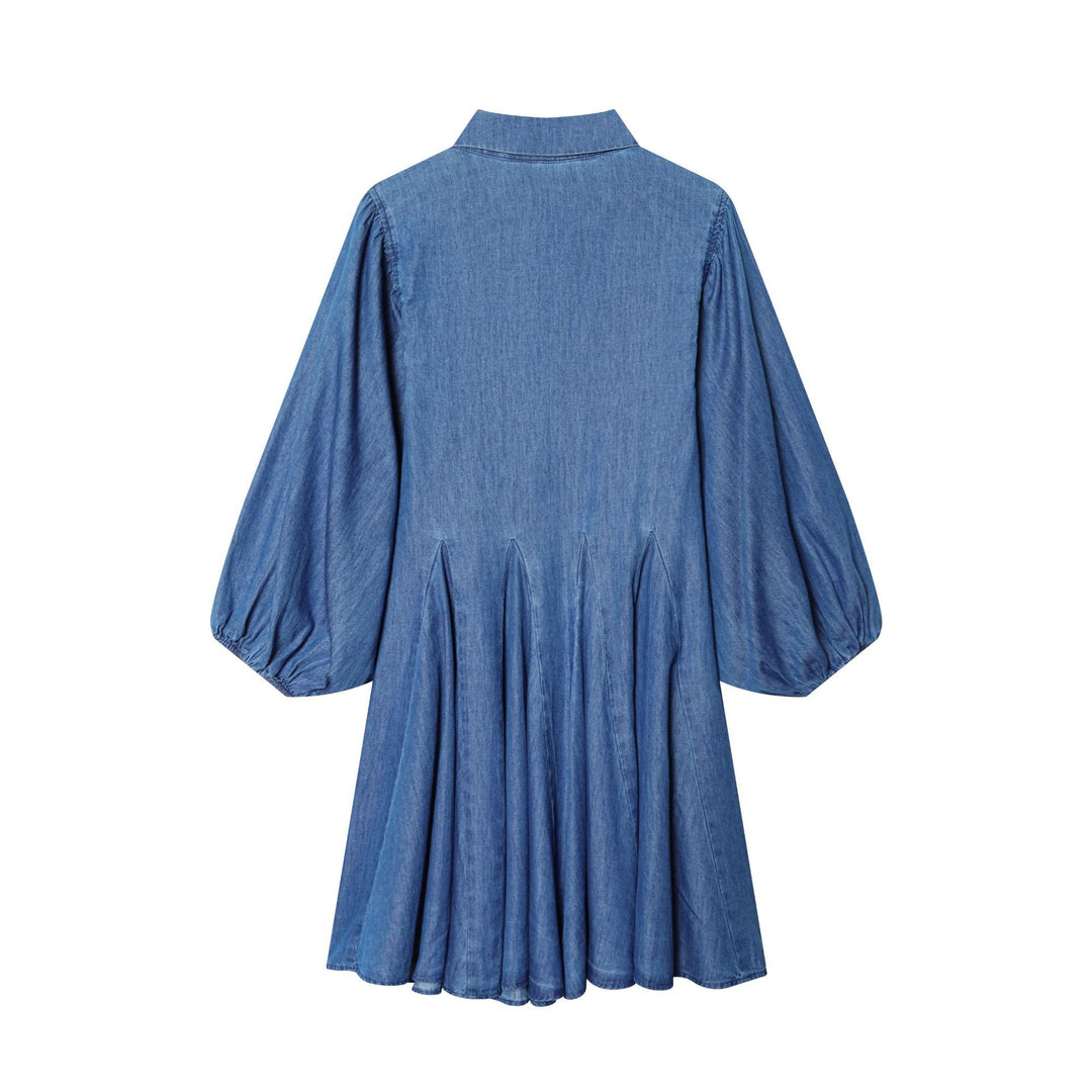 Ladies' loose shirt dress in chambray look with balloon sleeves and waist pleats Mune Fashion