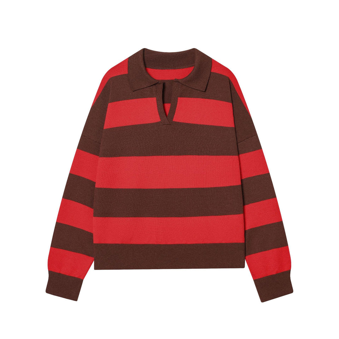 Women’s striped rugby pullover with polo collar and deep V-slit Mune Fashion