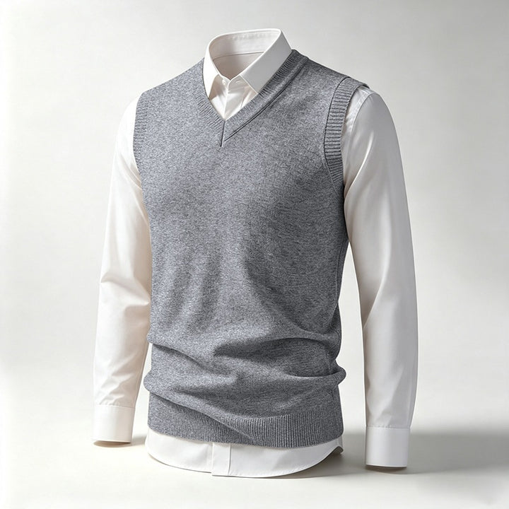 Men's Sleeveless Fine Knit V-Neck Vest with Ribbed Hem Mune Fashion