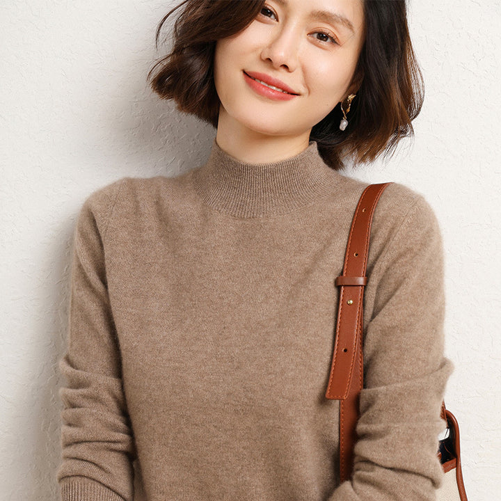Women Luxurious Cashmere Fine Knit Sweater with Standing Collar Mune Fashion