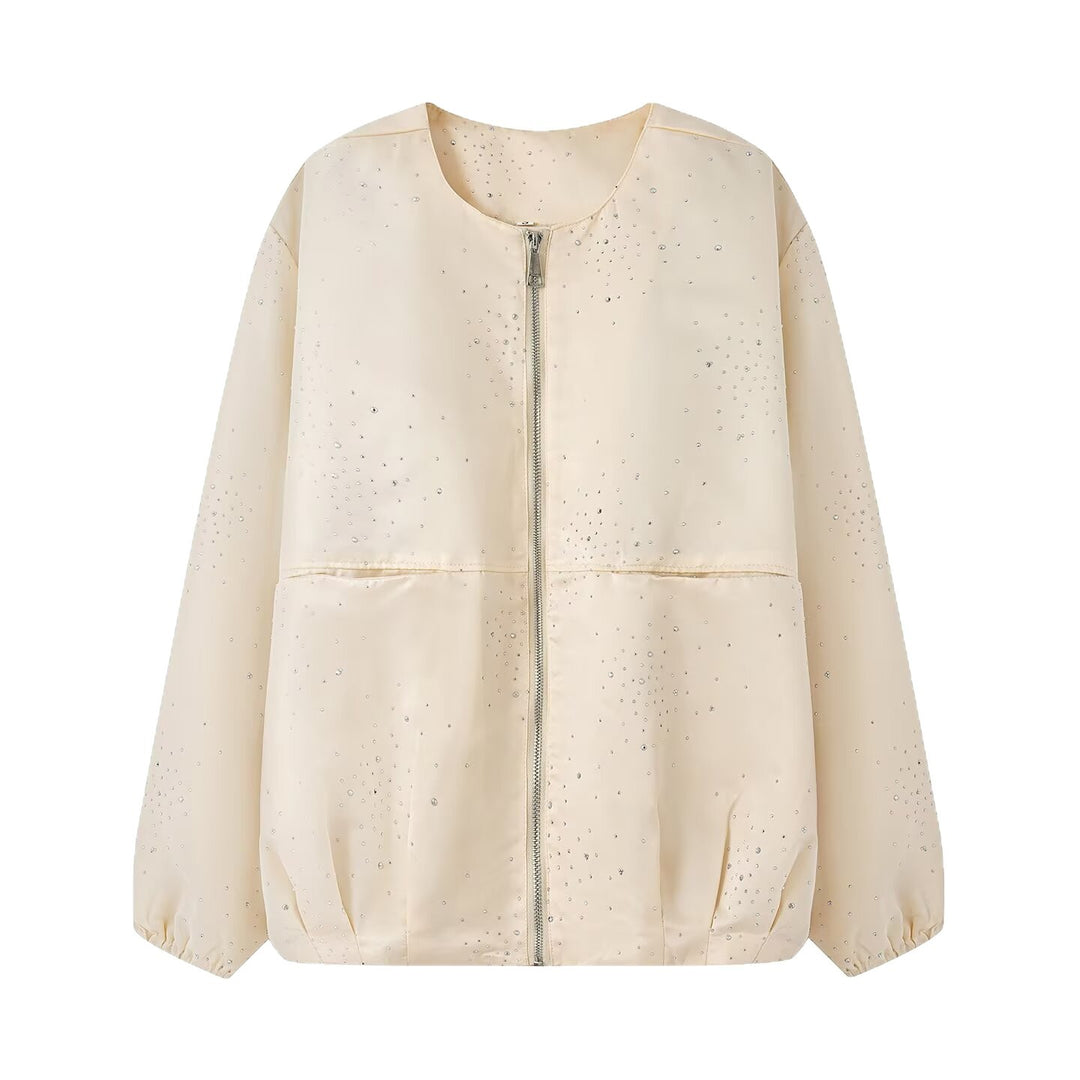 Women's Shiny Bomber Jacket with Decorative Stone Trim and Elastic Hem Mune Fashion