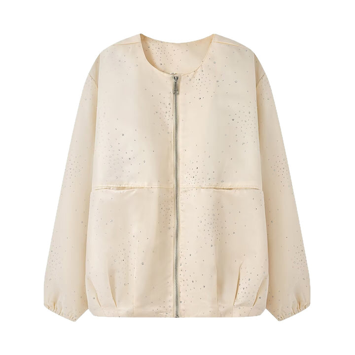 Women's Shiny Bomber Jacket with Decorative Stone Trim and Elastic Hem Mune Fashion