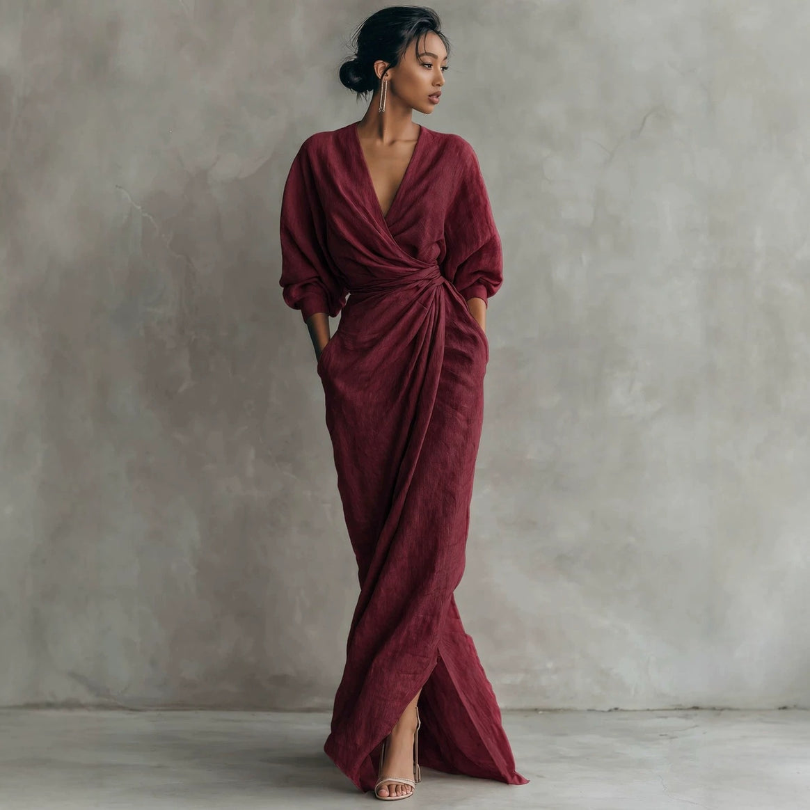 Women's wrap maxi dress made of linen blend with deep V-neck and balloon sleeves Mune Fashion