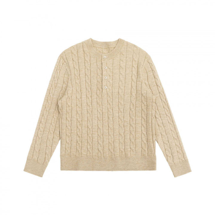 Unisex Chunky Knit Henley Sweater with Cable Pattern and Half Button Placket Mune Fashion
