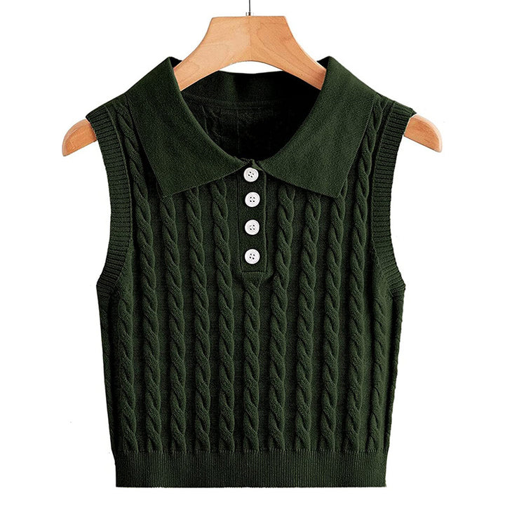 Ladies Sleeveless Knit Vest with Polo Collar and Cable Pattern Mune Fashion