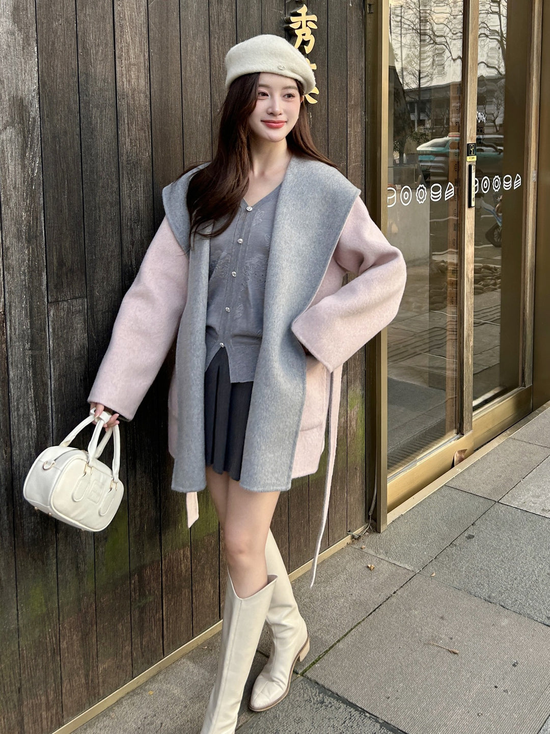 Women Short Wool Coat with Tie Belt and Oversized Shawl Collar Mune Fashion