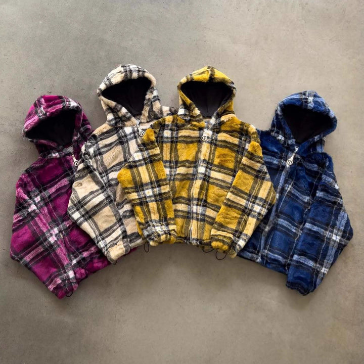 Unisex non-padded plaid fleece bomber jacket with hood drawstring and zippered pockets Mune Fashion