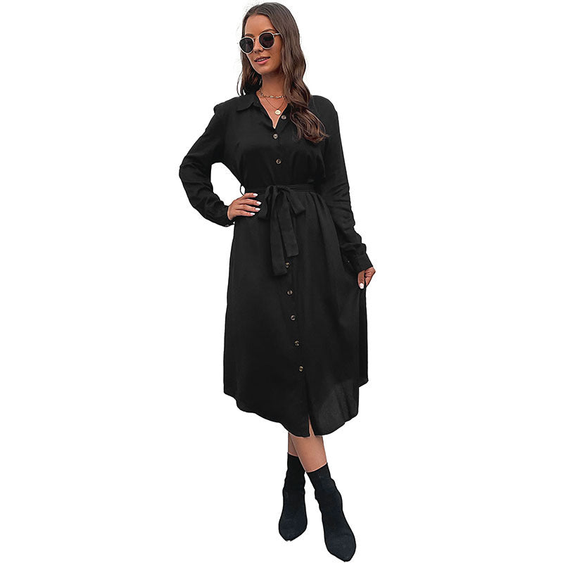 Women’s midi dress in shirt blouse style with continuous button placket, waist tie belt, and long sleeves Mune Fashion