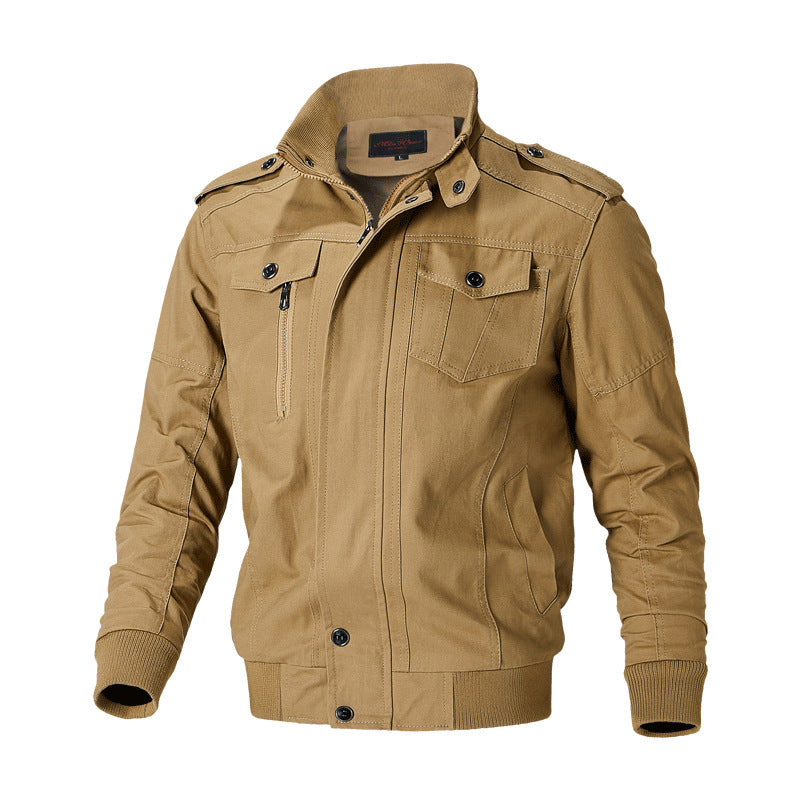 Men's robust canvas bomber jacket in field style with epaulettes, concealed snap button placket, and functional pockets.
