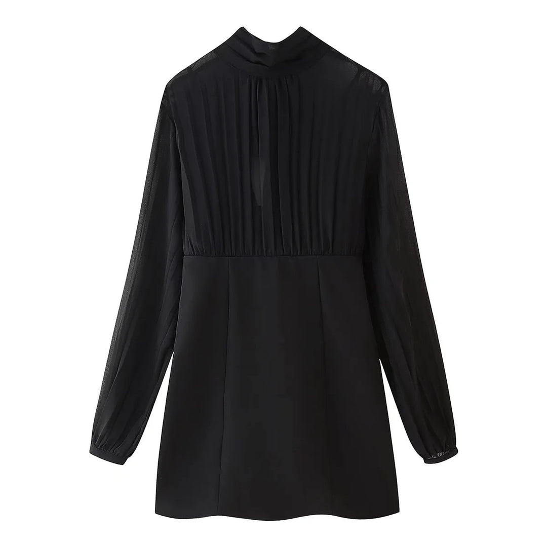 Women's Chiffon Mini Dress with Bow Collar, Pleated Long Sleeves and Fitted Skirt Mune Fashion