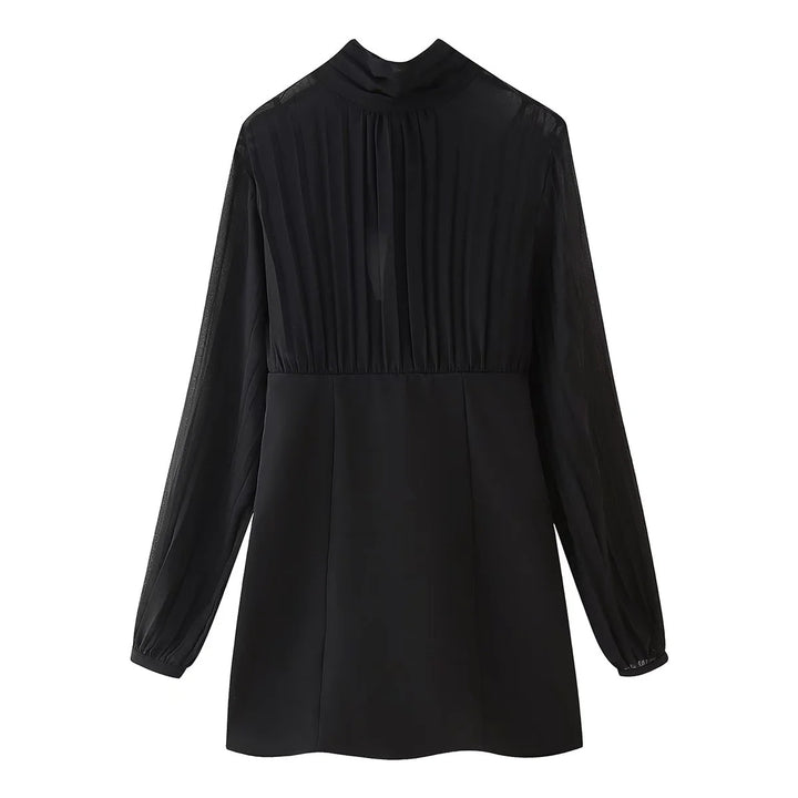 Women's Chiffon Mini Dress with Bow Collar, Pleated Long Sleeves and Fitted Skirt Mune Fashion