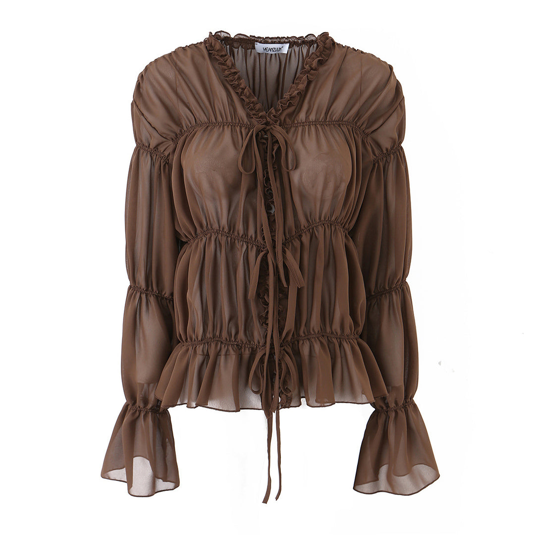 Women's chiffon blouse with ruffles, drawstring and gathered waist look Mune Fashion