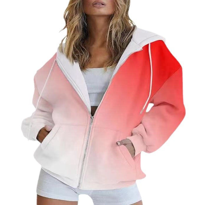 Women Oversize Hoodie Jacket with Gradient Color, Zipper and Kangaroo Pockets Mune Fashion