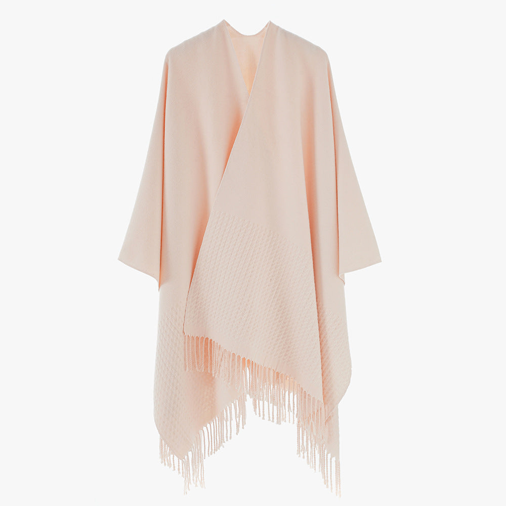 Women's minimalistic wool blend cape poncho with V-neck and fringes Mune Fashion