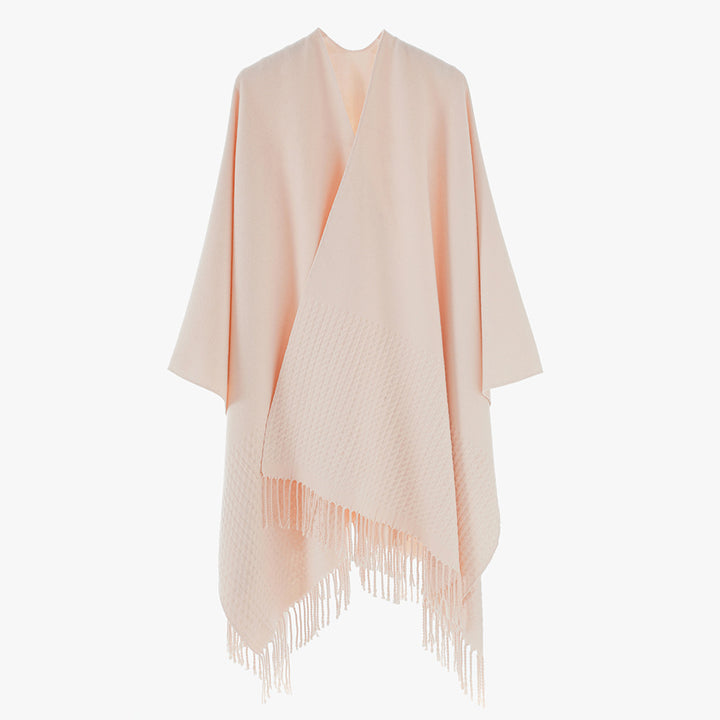 Women's minimalistic wool blend cape poncho with V-neck and fringes Mune Fashion