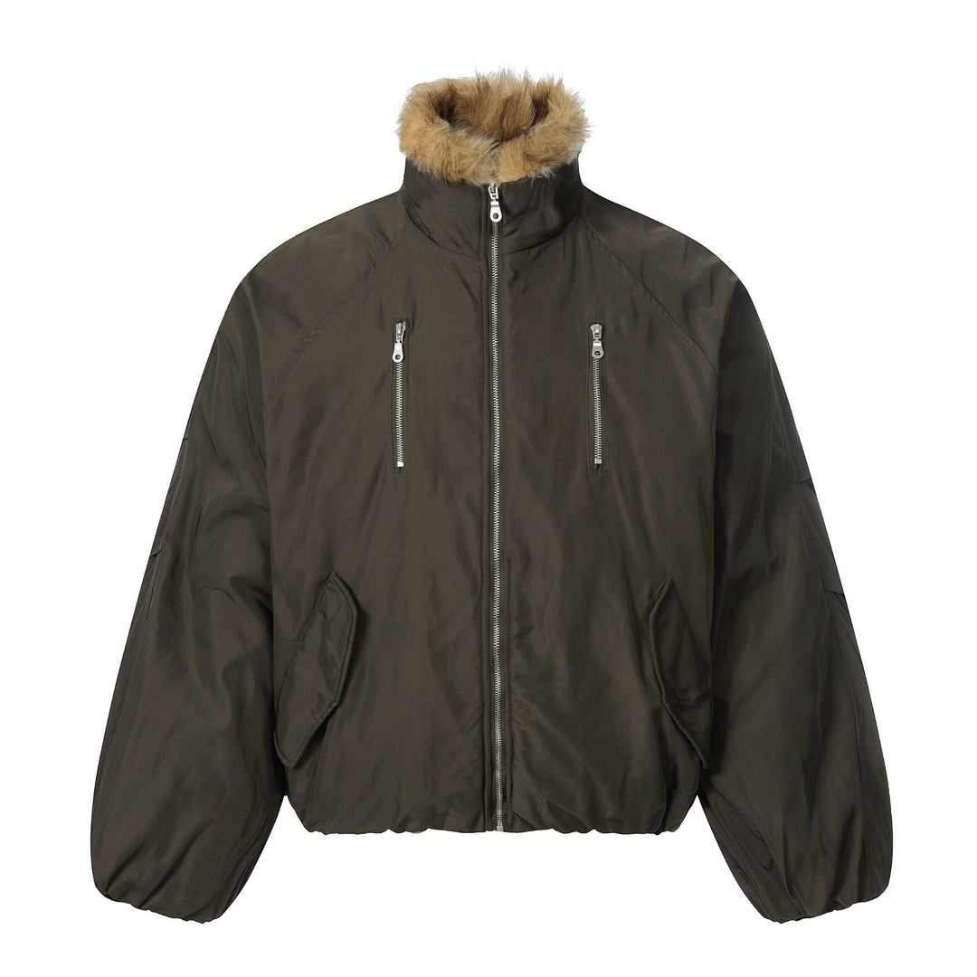 Men's short-cut boxy puffer jacket with faux fur hood and vertical zip pockets Mune Fashion