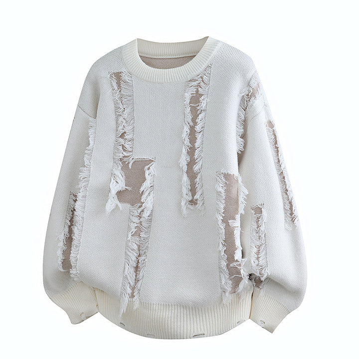 Men's Oversized Knit Sweater with Fringe Applications and Balloon Sleeves Mune Fashion