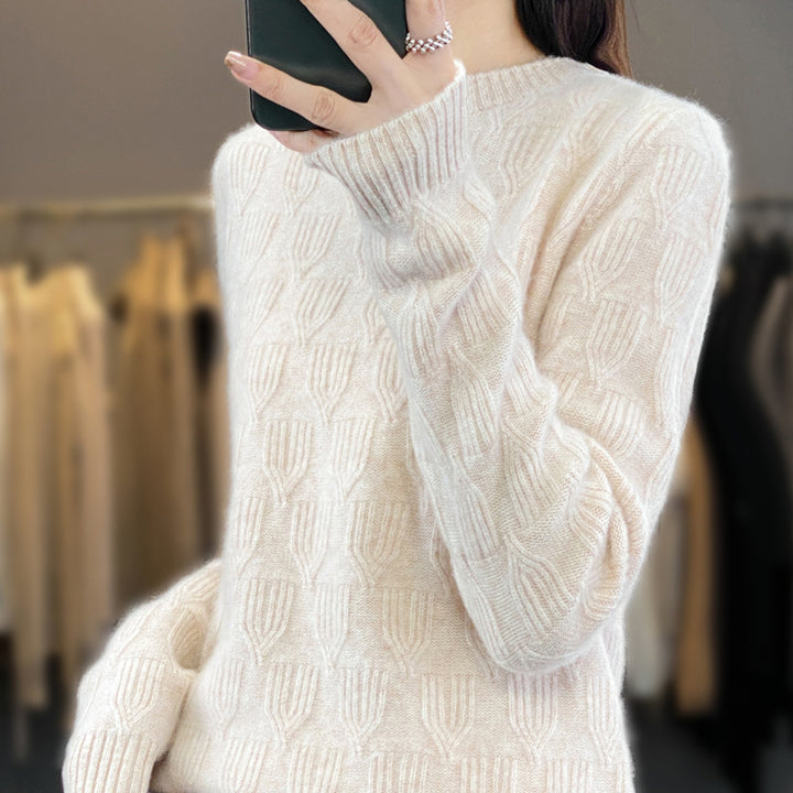 Women's Soft Mohair-Look Round Neck Sweater with Raised Tulip Texture Mune Fashion