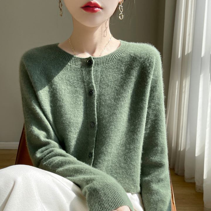 Women's Short-Cut Fine Knit Cardigan with Round Neck and Shimmering Button Placket Mune Fashion