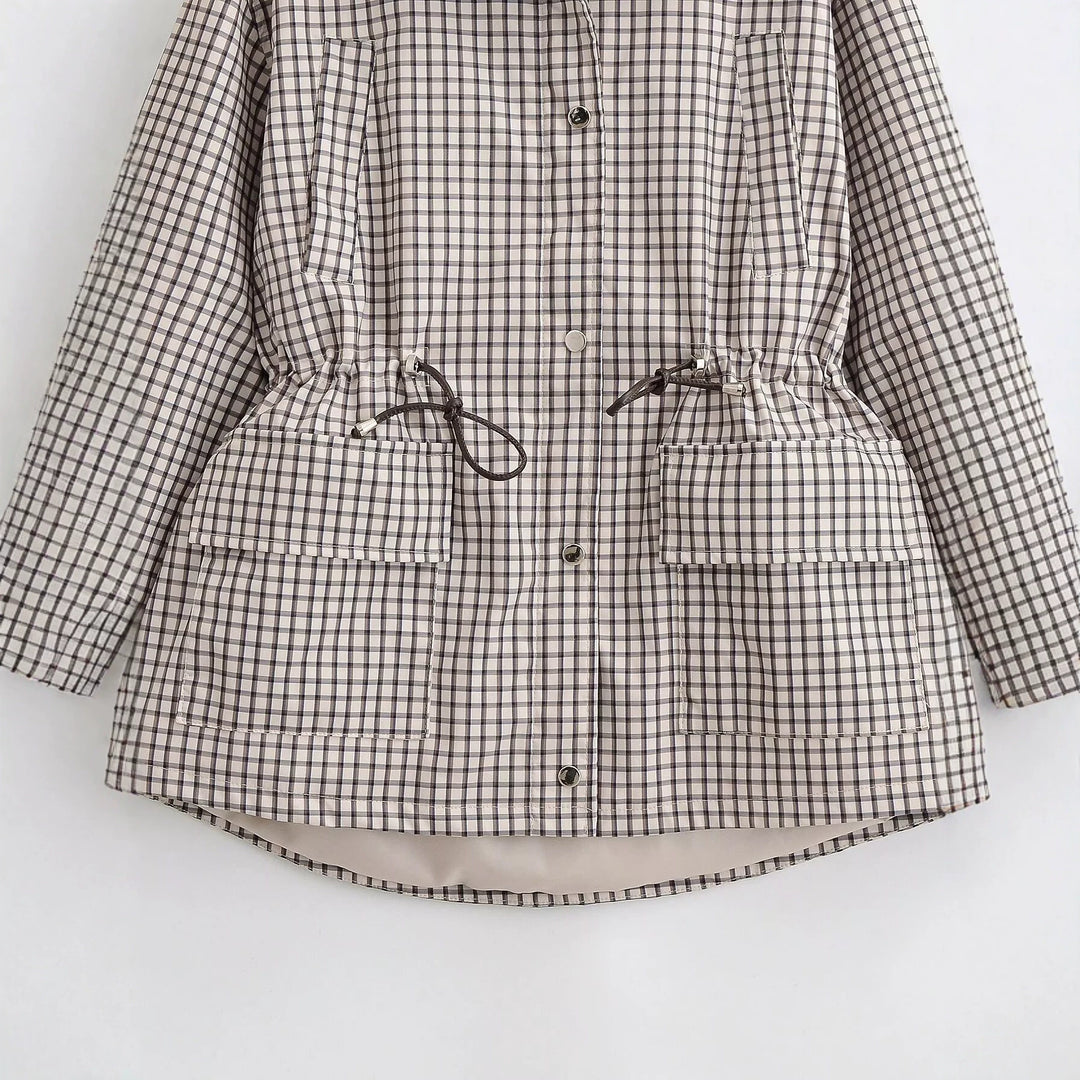 Women's Checked Transitional Jacket with Drawstring Waist and Flap Pockets Mune Fashion