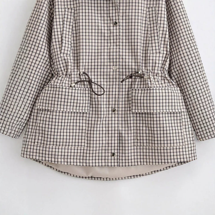 Women's Checked Transitional Jacket with Drawstring Waist and Flap Pockets Mune Fashion