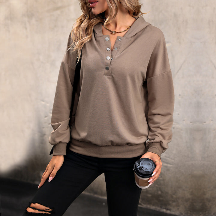 Women's Casual Hooded Henley Sweatshirt with Snap Placket and Elastic Hem Mune Fashion
