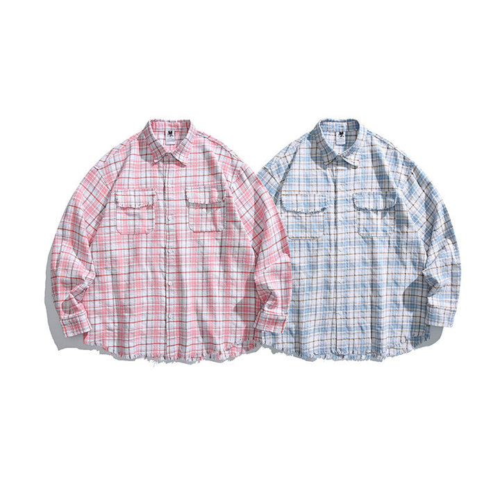 Unisex Boxy overshirt in checked linen blend with frayed hem and patch pockets Mune Fashion