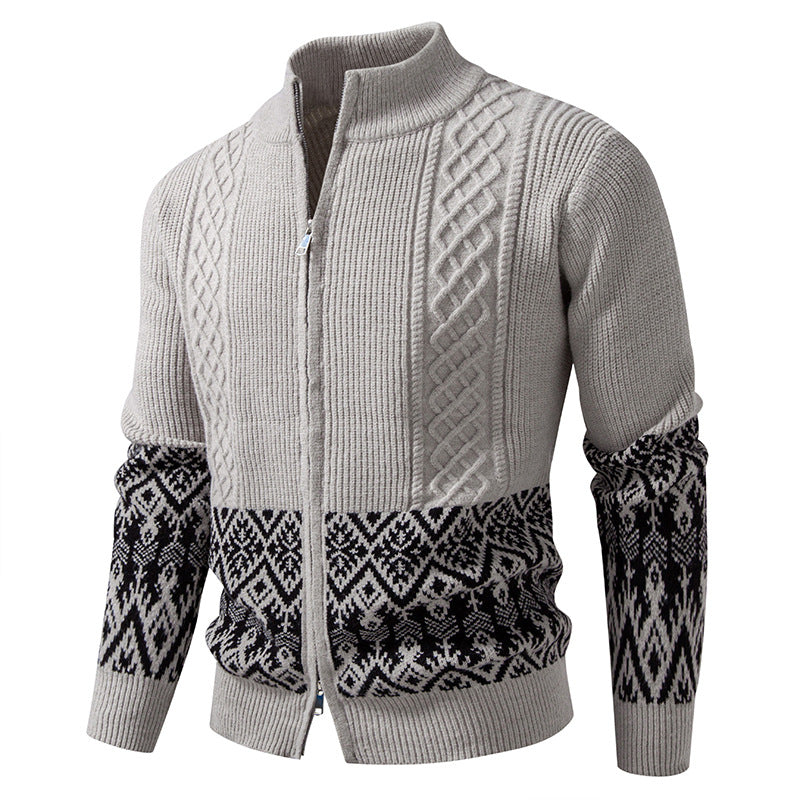 Men's High-Quality Norwegian Zip Cardigan with Cable Pattern and Stand-Up Collar Mune Fashion