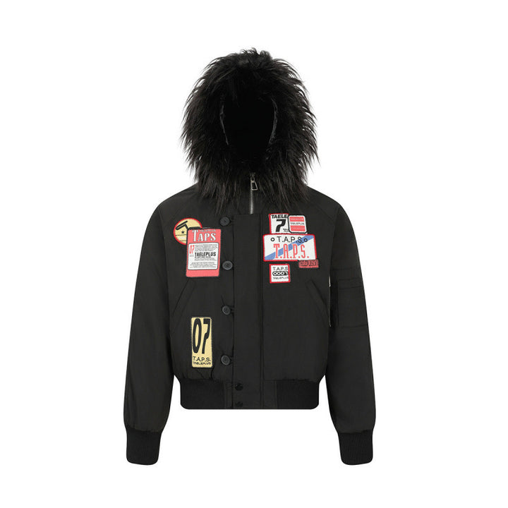 Women short-cut padded bomber jacket with faux fur hood and applied label patches Mune Fashion