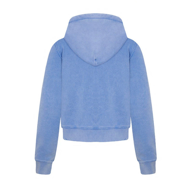 Ladies short-cut hooded zip jacket made of garment-dyed cotton fleece with chest pocket Mune Fashion