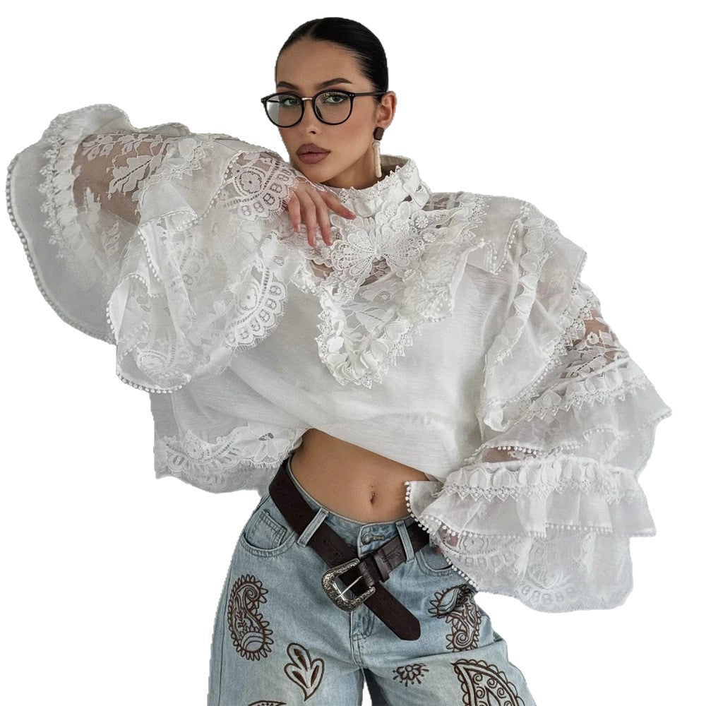 Women's Transparent Lace Blouse with Ruffle Sleeves and High Stand Collar Mune Fashion