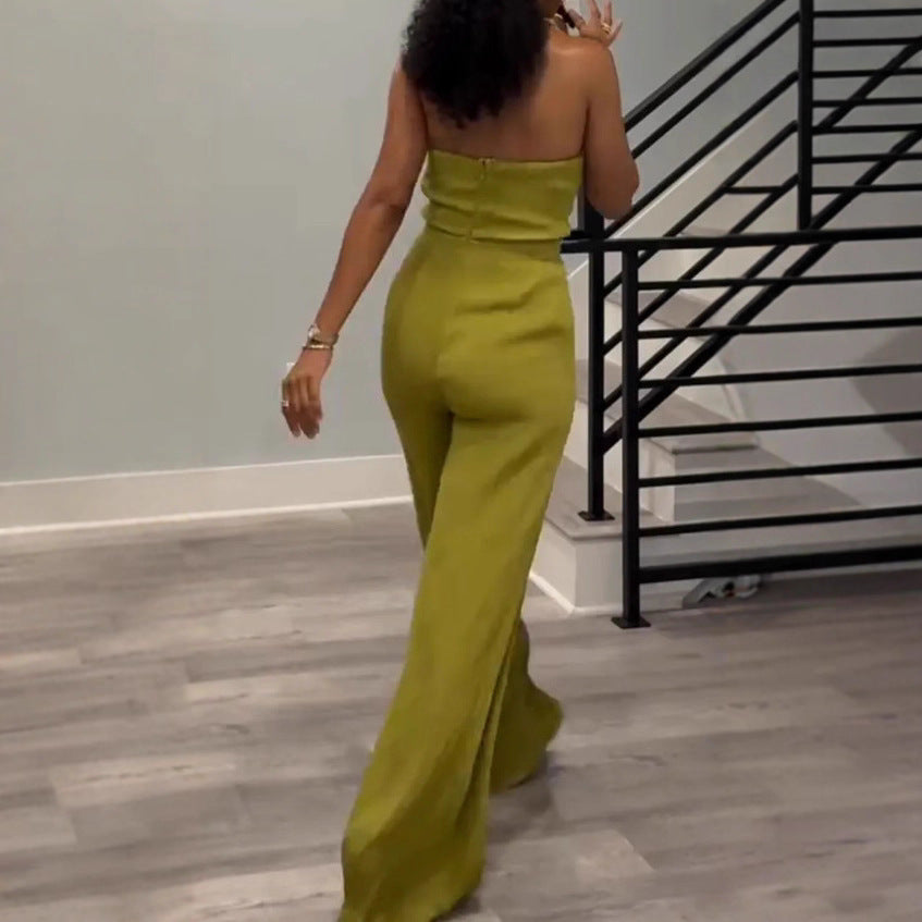 Women's tailored halter playsuit with braided straps, knotted bustier and wide leg pants Mune Fashion