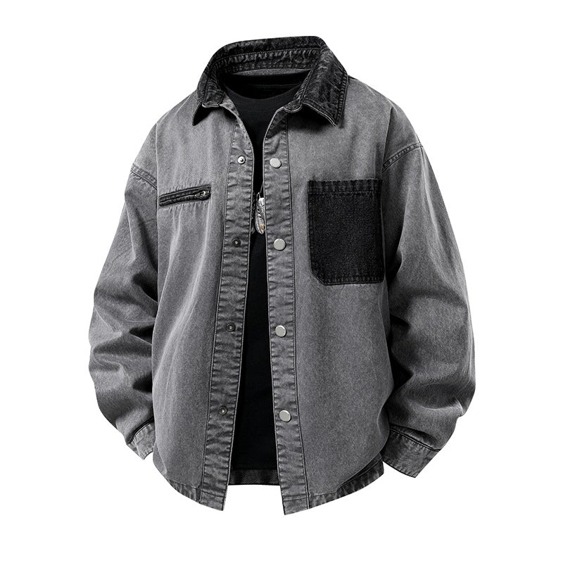 Men's Oversized Denim Shirt Jacket with Snap Front, Chest Pockets & Zip Detail Mune Fashion