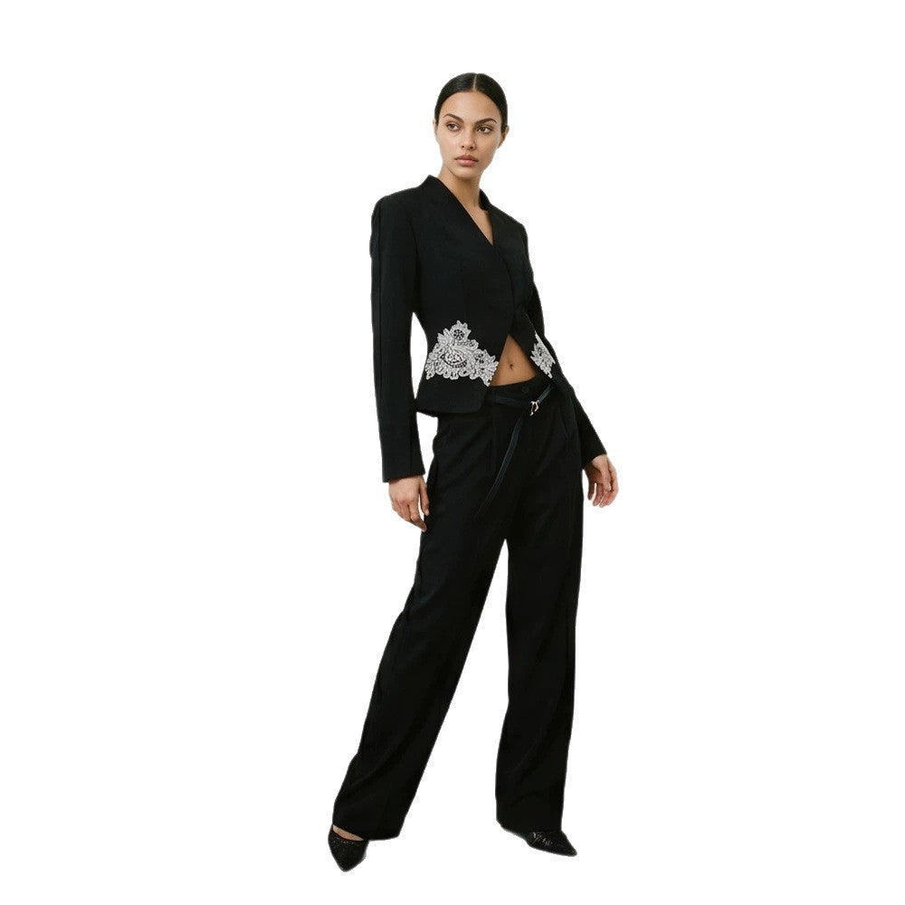 Women's Sculpted Cropped Blazer with Lace Trim and Tailored Silhouette Mune Fashion