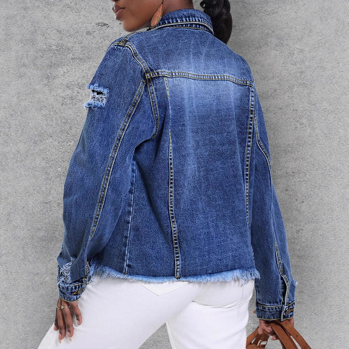 Women's Casual Denim Jacket with Distressed Details, Patch Chest Pockets and Frayed Hem Mune Fashion