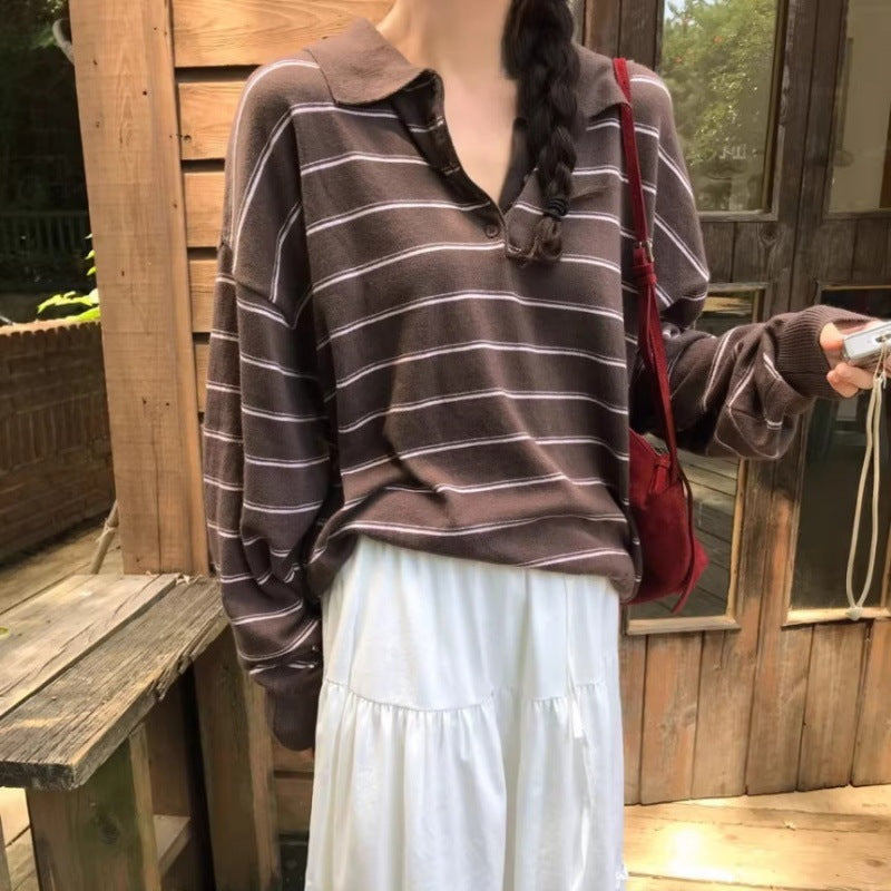 Women Oversized Polo Collar Knit Sweater with Stripes and Half Button Placket Mune Fashion