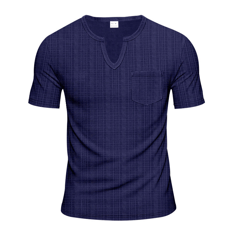 Men's short-sleeved shirt with slit V-neck structured linen look and patch chest pocket Mune Fashion
