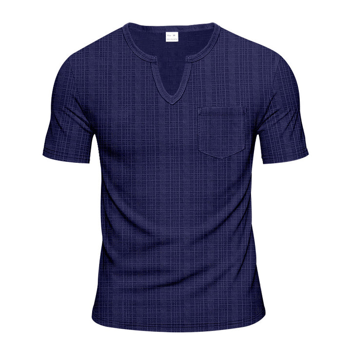Men's short-sleeved shirt with slit V-neck structured linen look and patch chest pocket Mune Fashion